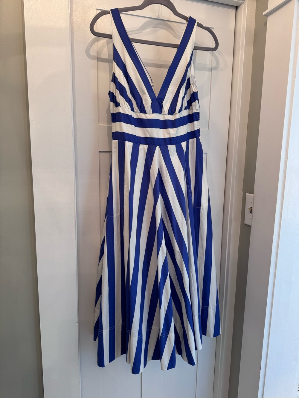 Anthropologie Blue and White Striped V-Neck Midi Dress